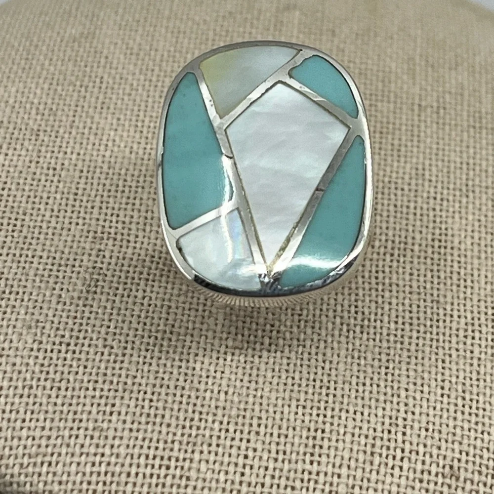 Vintage Thai 925 Sterling Silver Natural Turquoise MOP Inlay Ring Size 6 - Picture 3 of 16